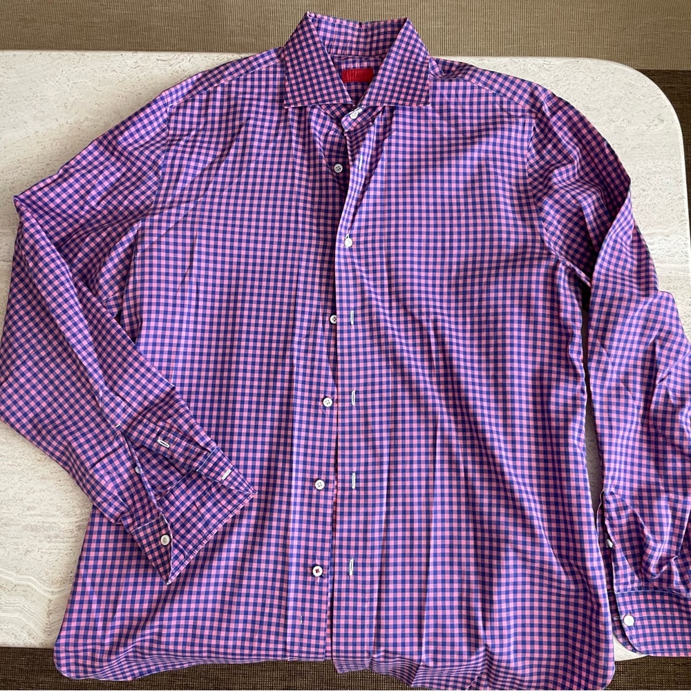 Isaia Pink and Blue Checkered Button Down Shirt